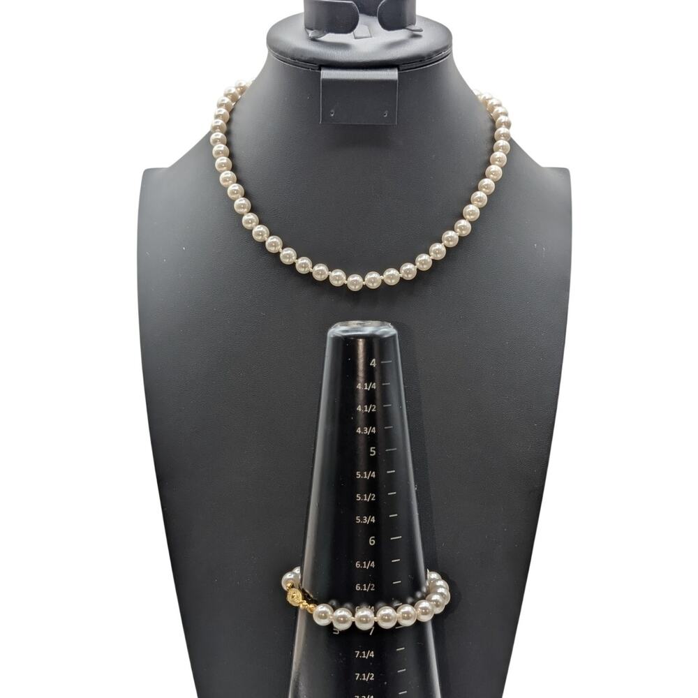 Vintage Glass Pearl Gold Tone Clasp 18" Necklace & Bracelet Set